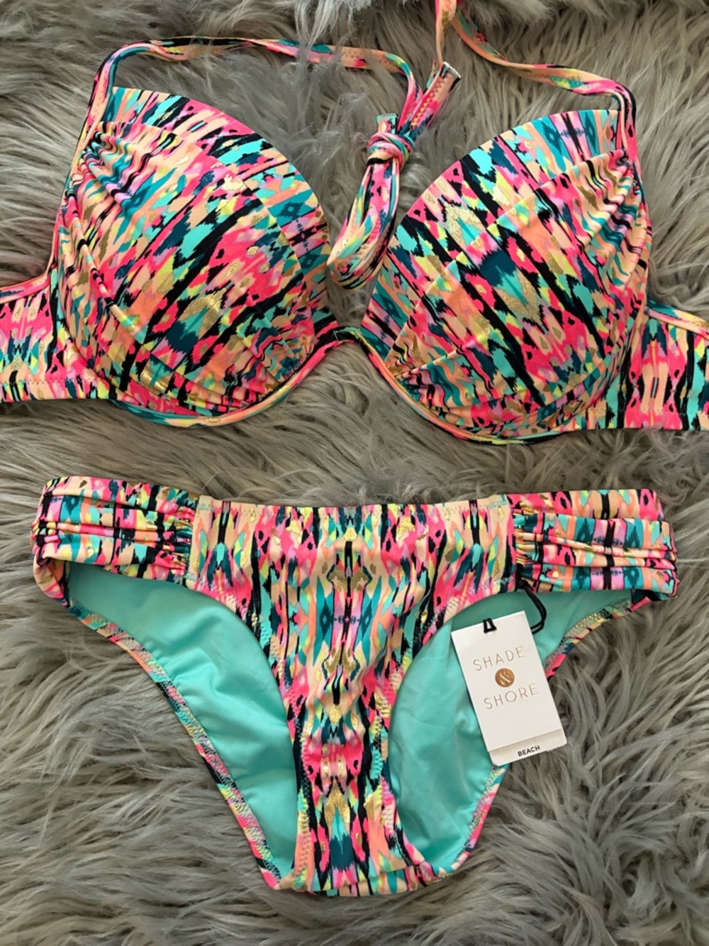 NWT Shade & Shore Neon Abstract Push-Up Bikini set 34DD & XS bottom